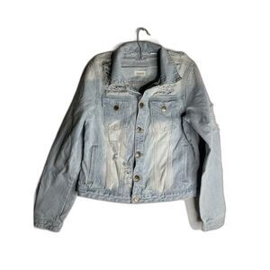 Mono B Women Denim Light Wash, Distressed, Button Up Jean Jacket, Sz L Y2K